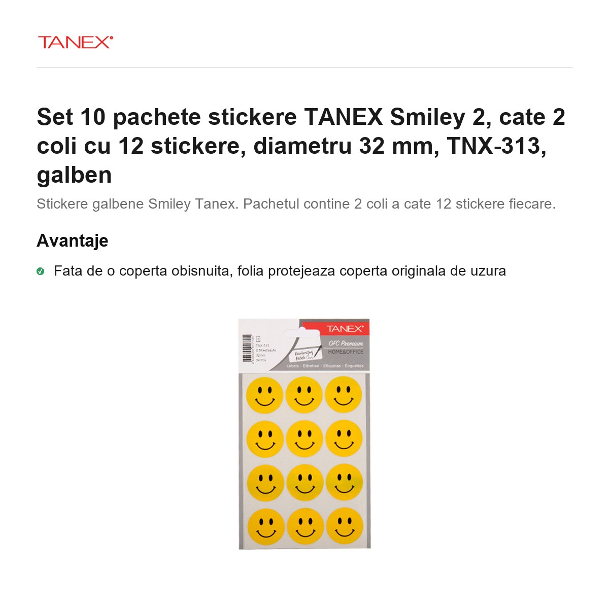 Set 10 pachete stickere TANEX Smiley 2, cate 2 coli cu 12 stickere, diametru 32 mm, TNX-313, galben [2]