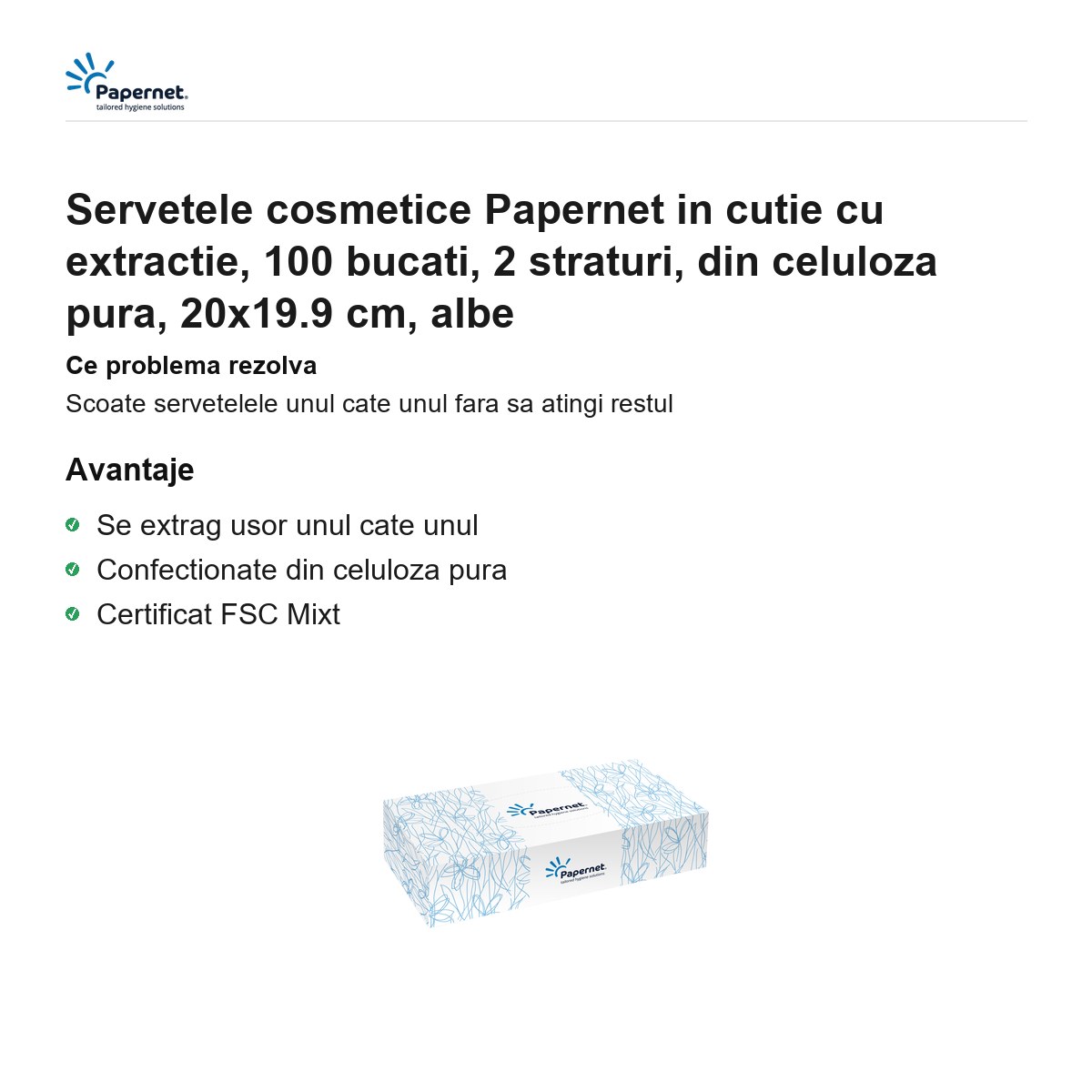 Servetele cosmetice Papernet in cutie cu extractie, 100 bucati, 2 straturi, din celuloza pura, 20x19.9 cm, albe [2]