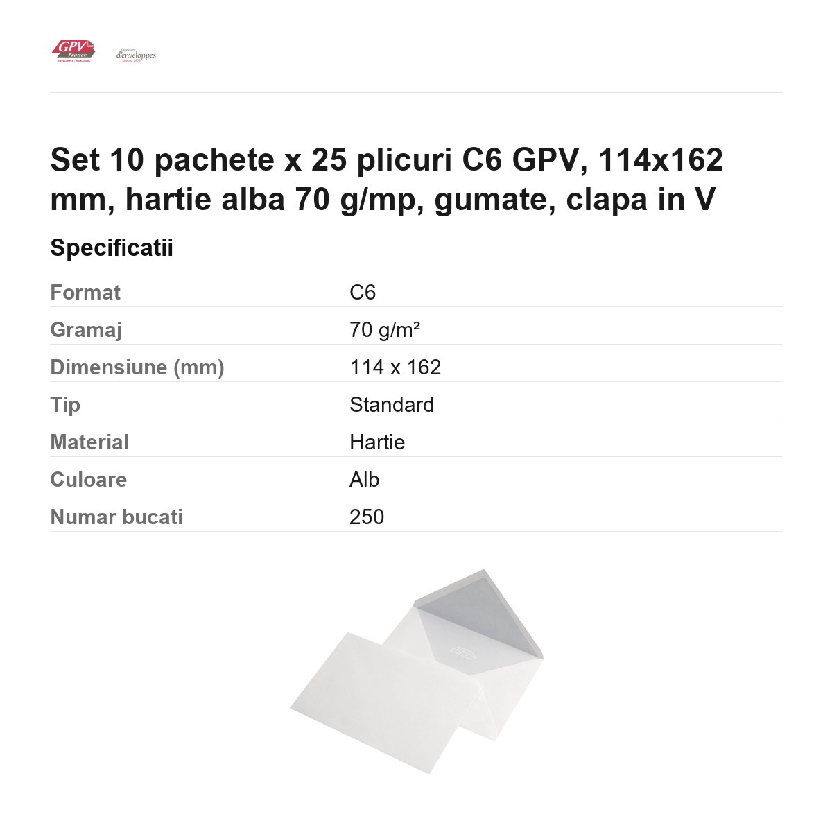 Set 10 pachete x 25 plicuri C6 GPV, 114x162 mm, hartie alba 70 g/mp, gumate, clapa in V [3]
