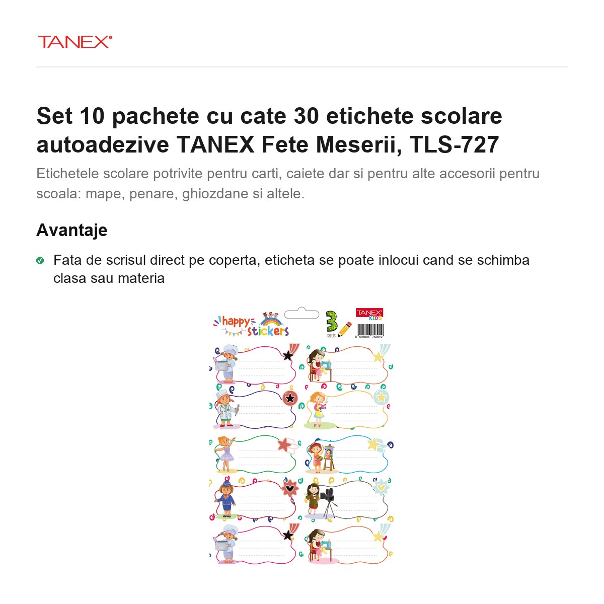 Set 10 pachete cu cate 30 etichete scolare autoadezive TANEX Fete Meserii, TLS-727 [2]
