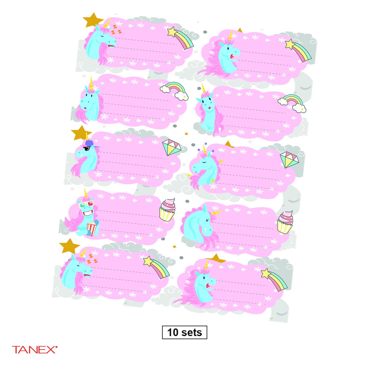 Birotica papetarie - Set 10 pachete cu cate 30 etichete scolare autoadezive TANEX Unicorni, TLS-727