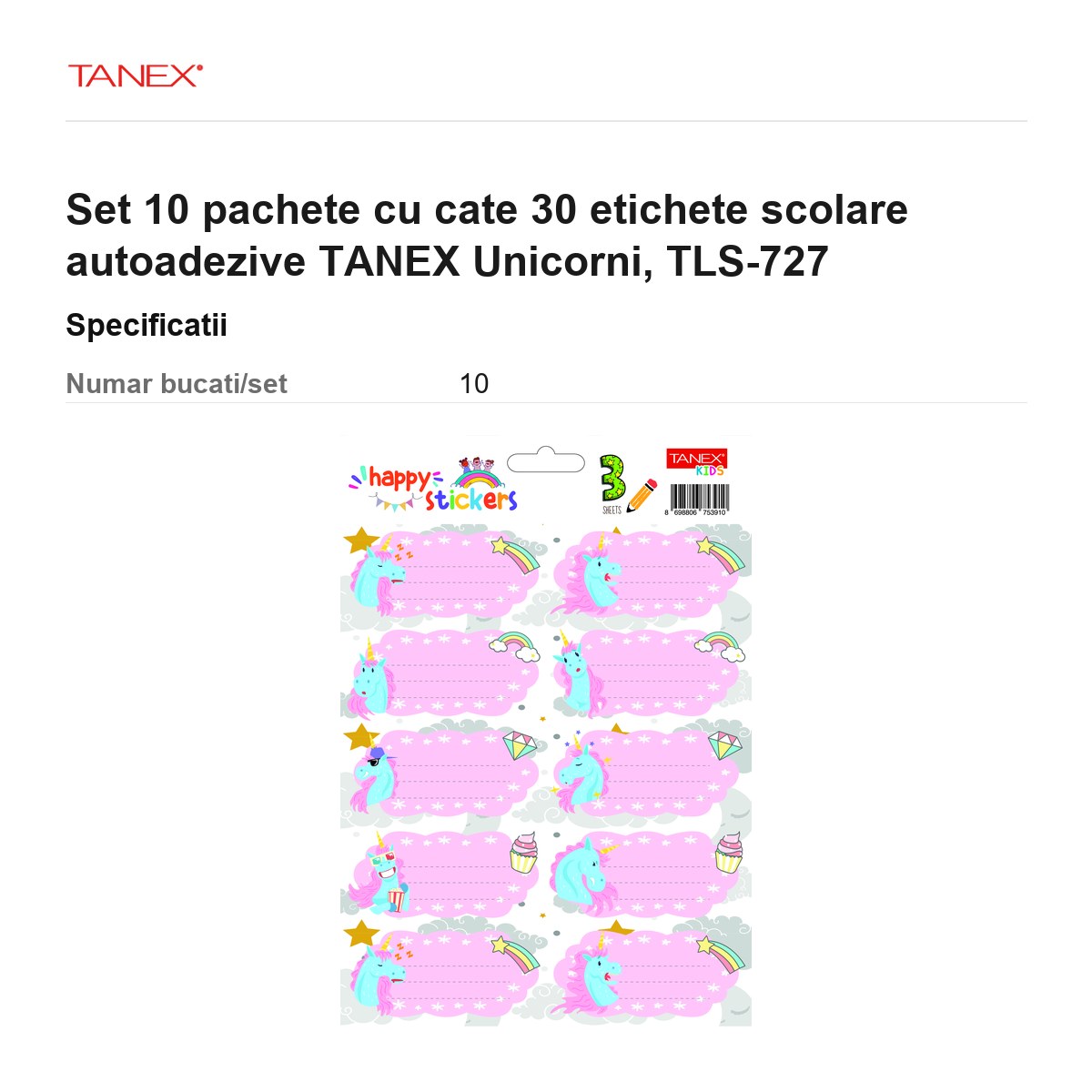 Set 10 pachete cu cate 30 etichete scolare autoadezive TANEX Unicorni, TLS-727 [3]
