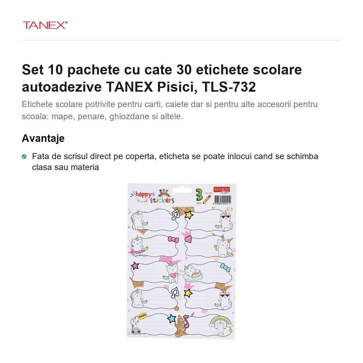 Set 10 pachete cu cate 30 etichete scolare autoadezive TANEX Pisici, TLS-732 [2]