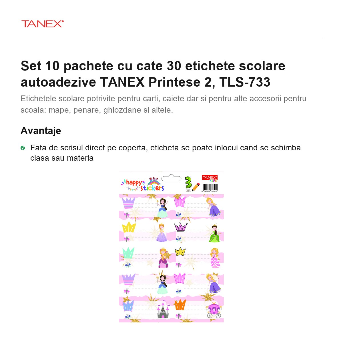 Set 10 pachete cu cate 30 etichete scolare autoadezive TANEX Printese 2, TLS-733 [2]