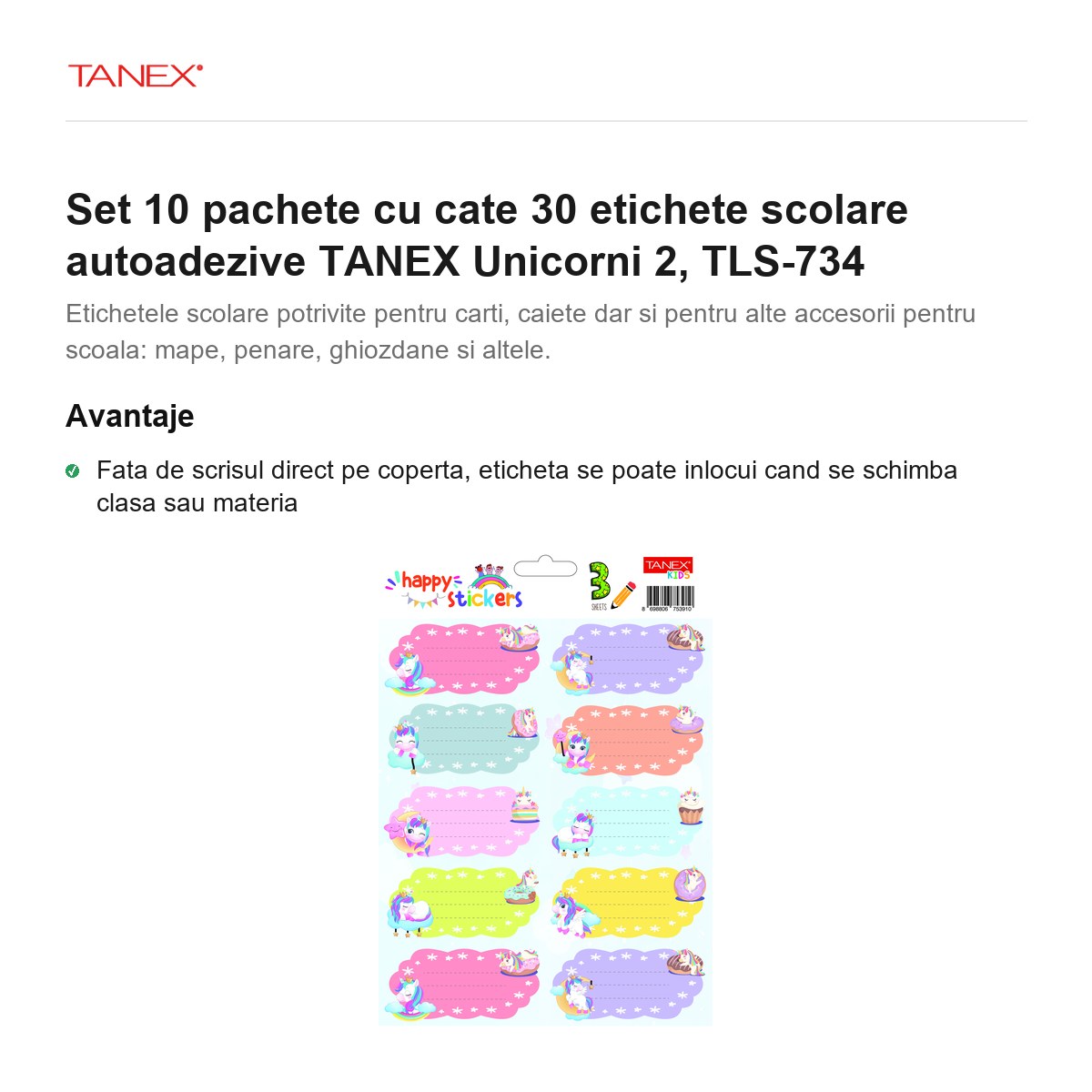 Set 10 pachete cu cate 30 etichete scolare autoadezive TANEX Unicorni 2, TLS-734 [2]