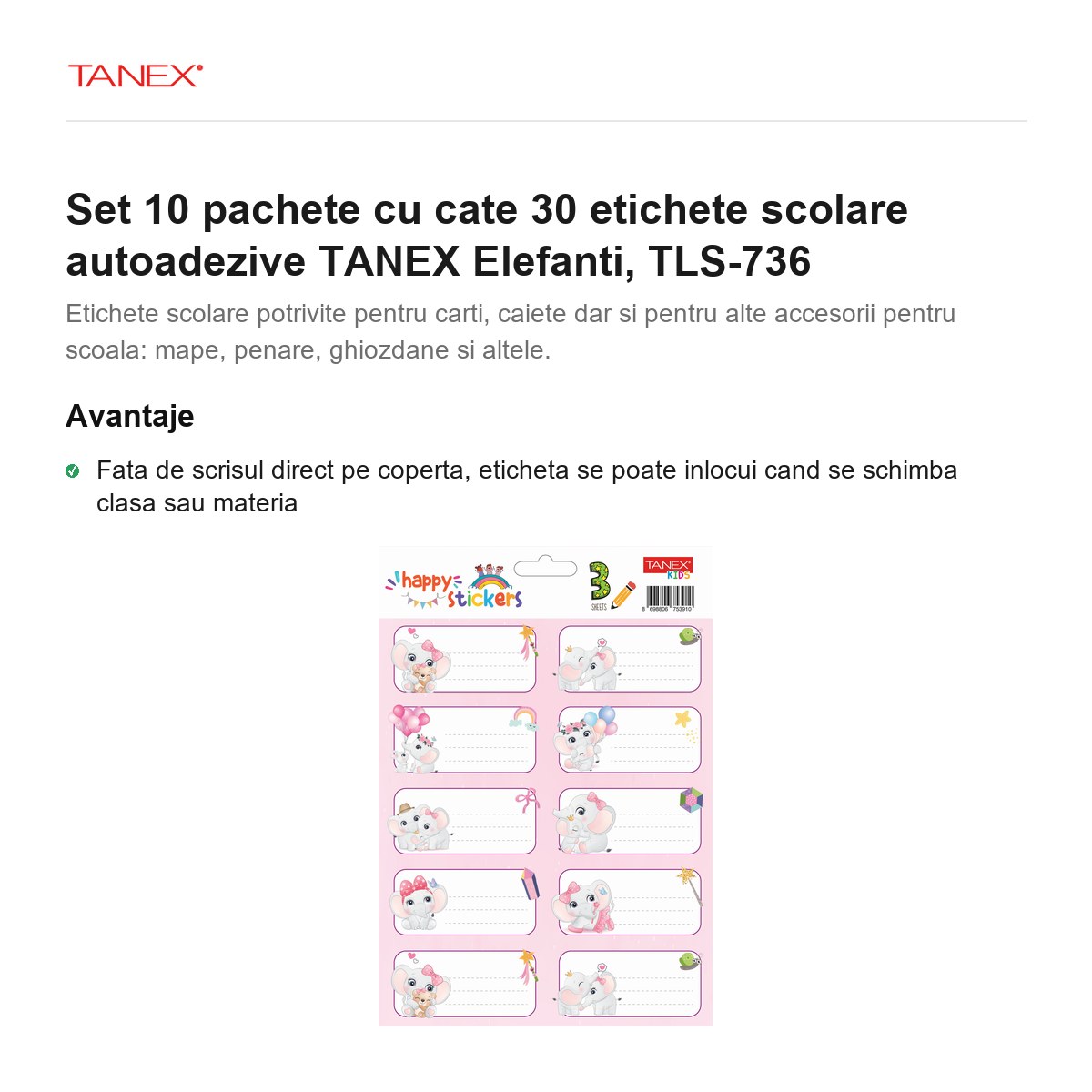 Set 10 pachete cu cate 30 etichete scolare autoadezive TANEX Elefanti, TLS-736 [2]