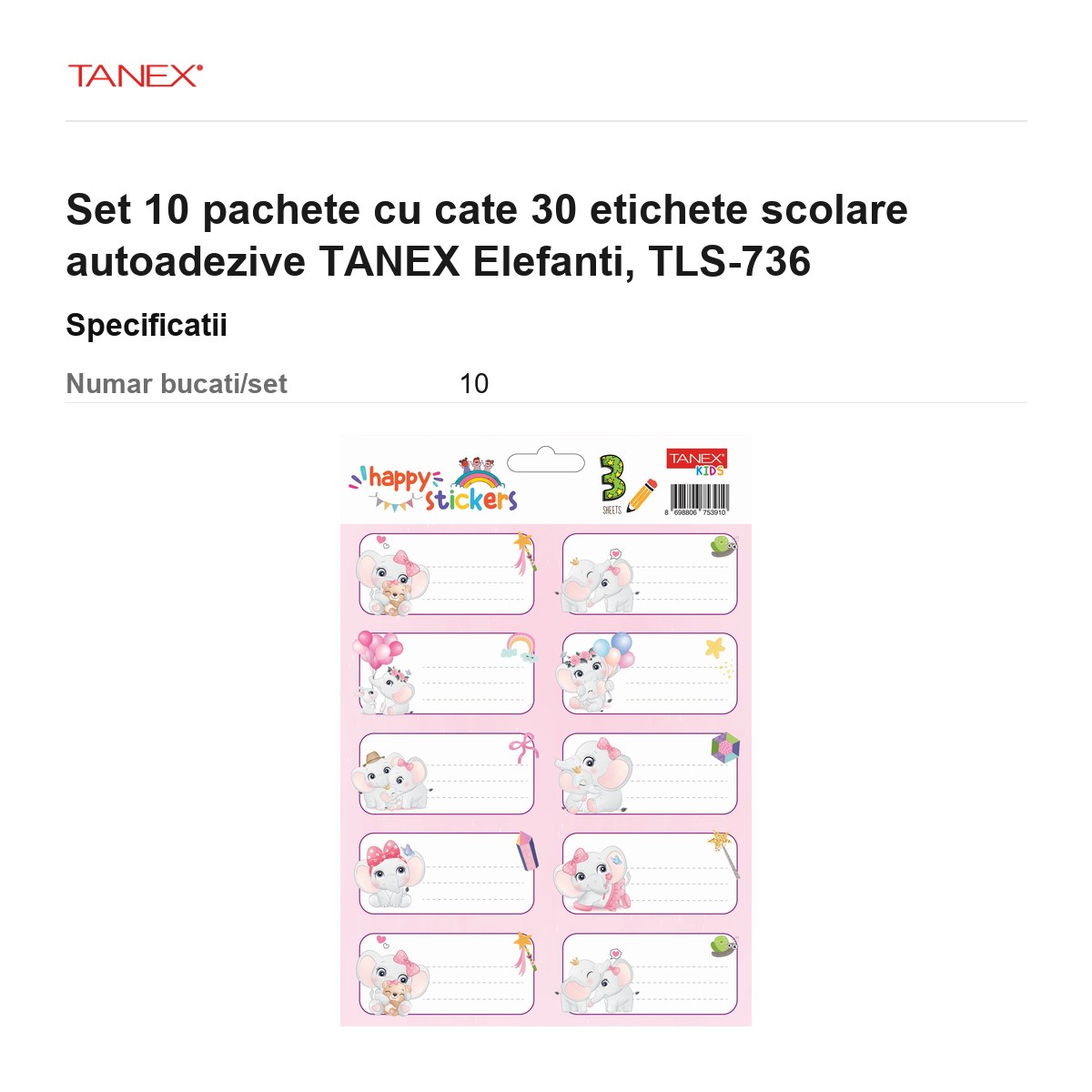Set 10 pachete cu cate 30 etichete scolare autoadezive TANEX Elefanti, TLS-736 [3]