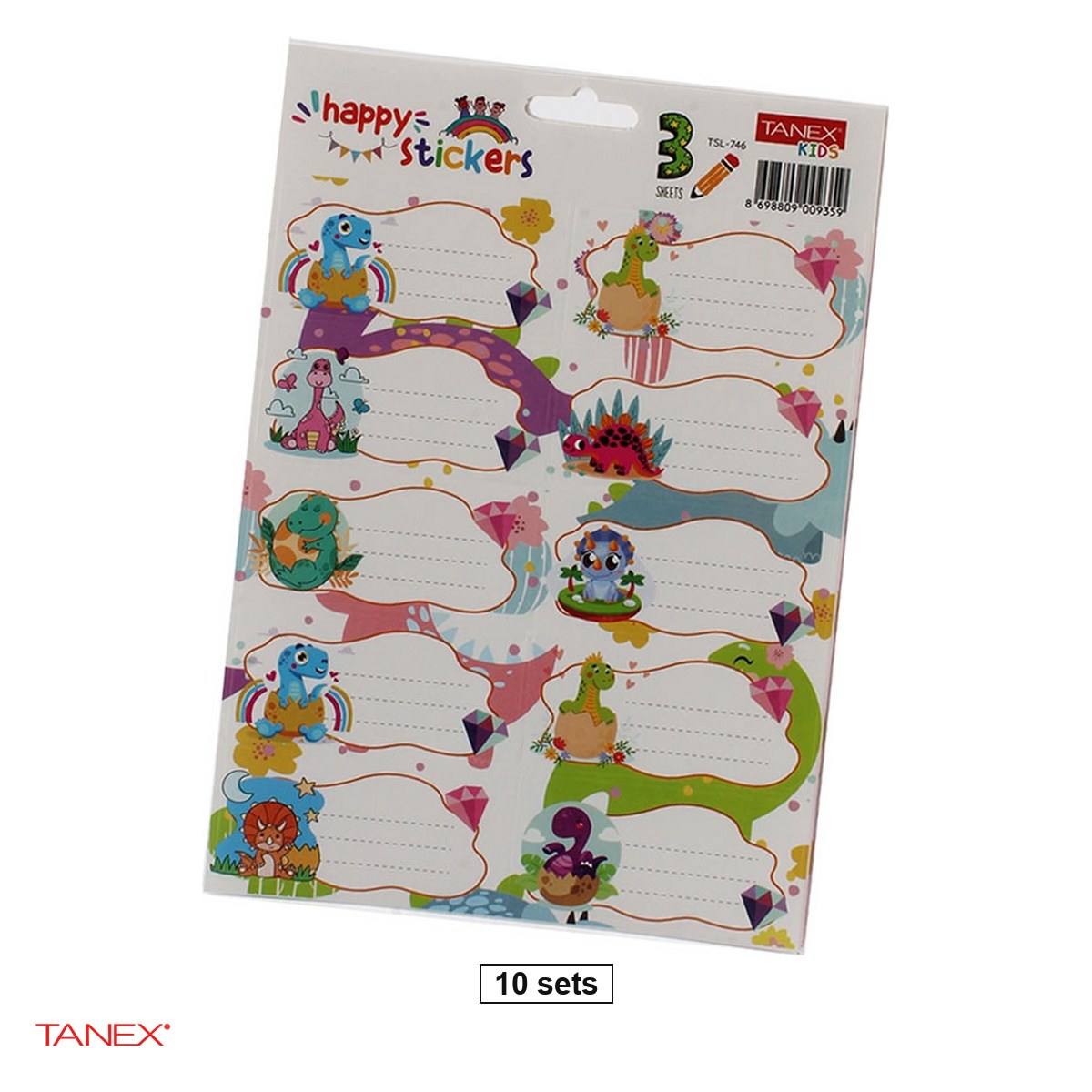 Birotica papetarie - Set 10 pachete cu cate 30 etichete scolare autoadezive TANEX Dino, TLS-746