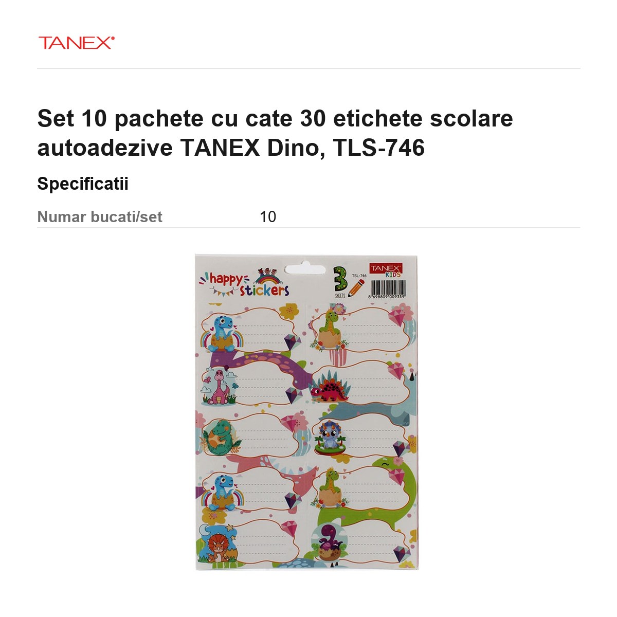 Set 10 pachete cu cate 30 etichete scolare autoadezive TANEX Dino, TLS-746 [3]
