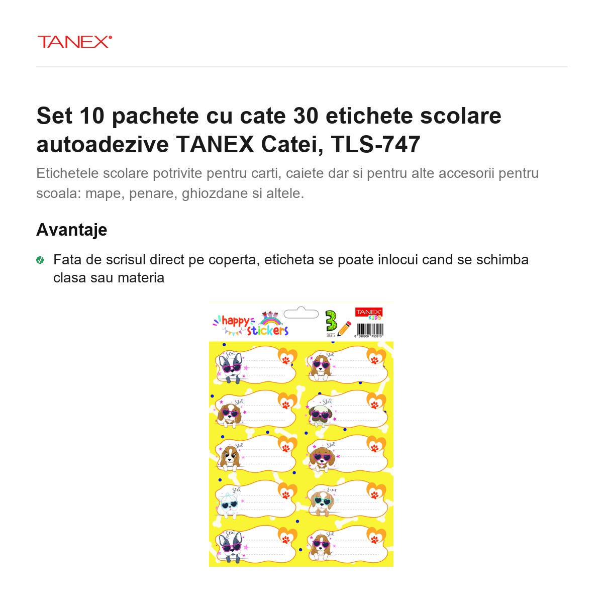 Set 10 pachete cu cate 30 etichete scolare autoadezive TANEX Catei, TLS-747 [2]