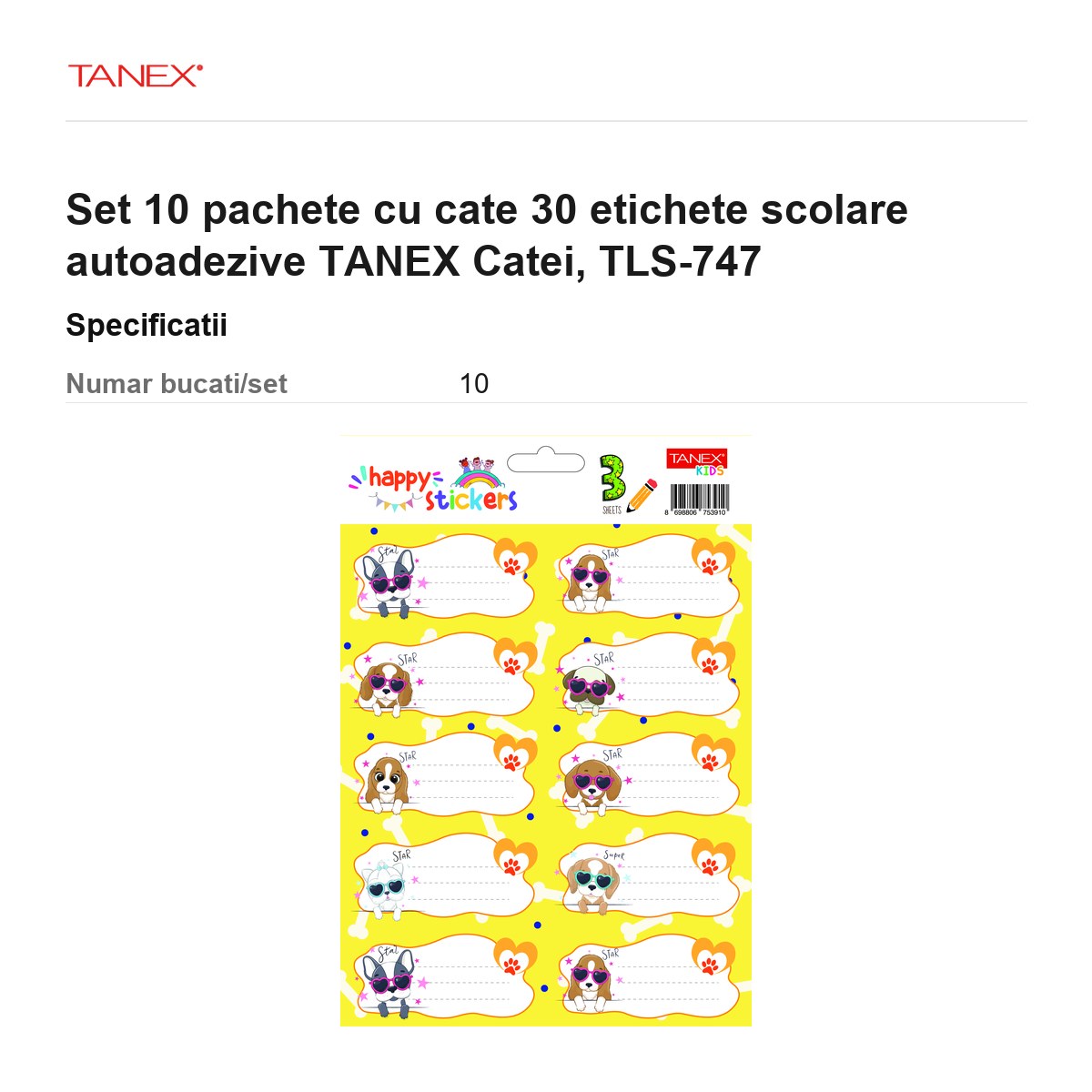 Set 10 pachete cu cate 30 etichete scolare autoadezive TANEX Catei, TLS-747 [3]