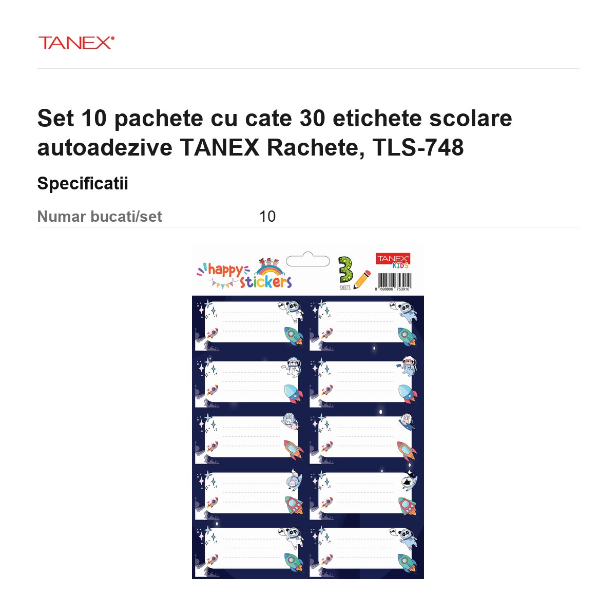 Set 10 pachete cu cate 30 etichete scolare autoadezive TANEX Rachete, TLS-748 [3]