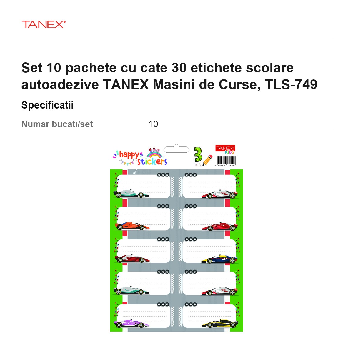 Set 10 pachete cu cate 30 etichete scolare autoadezive TANEX Masini de Curse, TLS-749 [3]