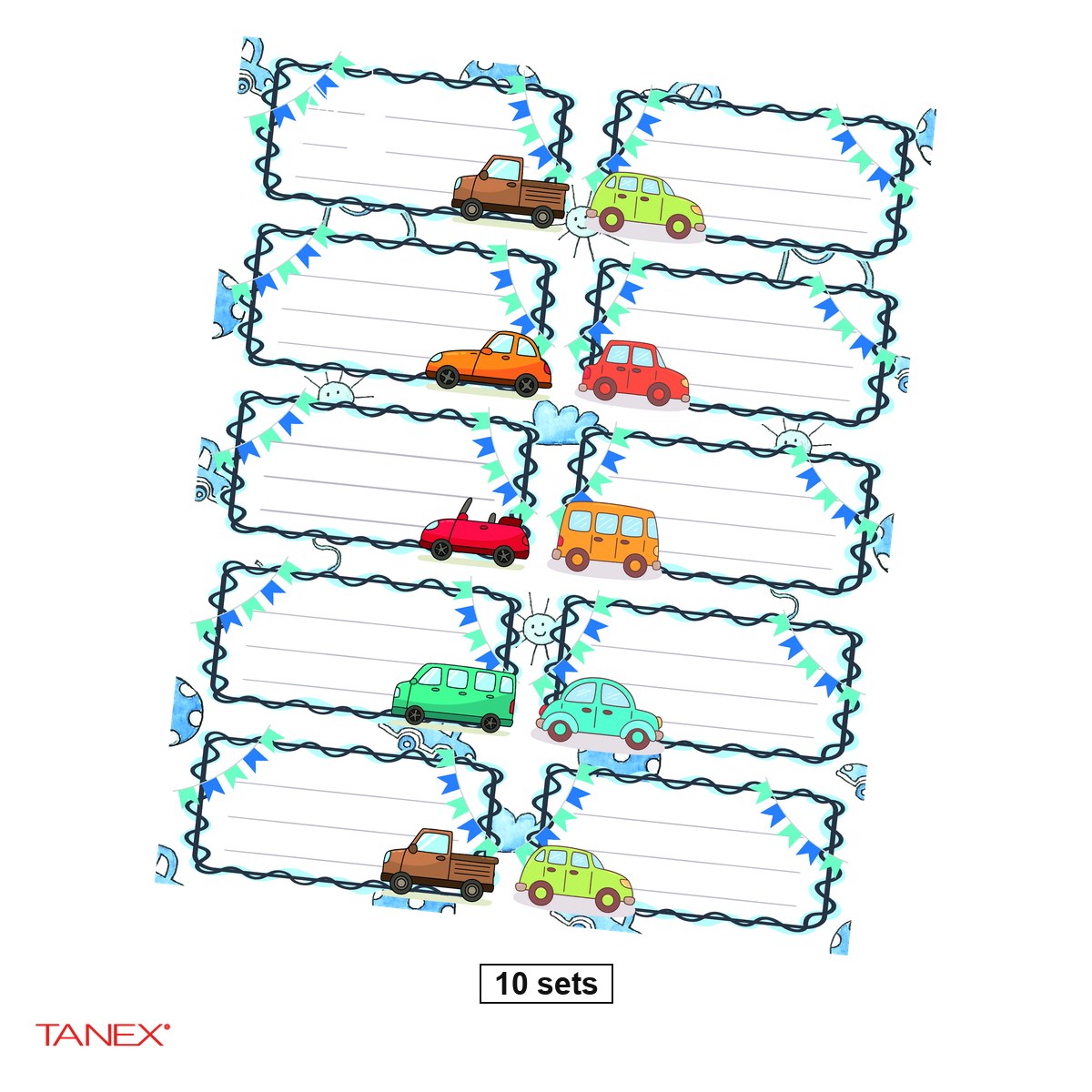Birotica papetarie - Set 10 pachete cu cate 30 etichete scolare autoadezive TANEX Masini, TLS-727