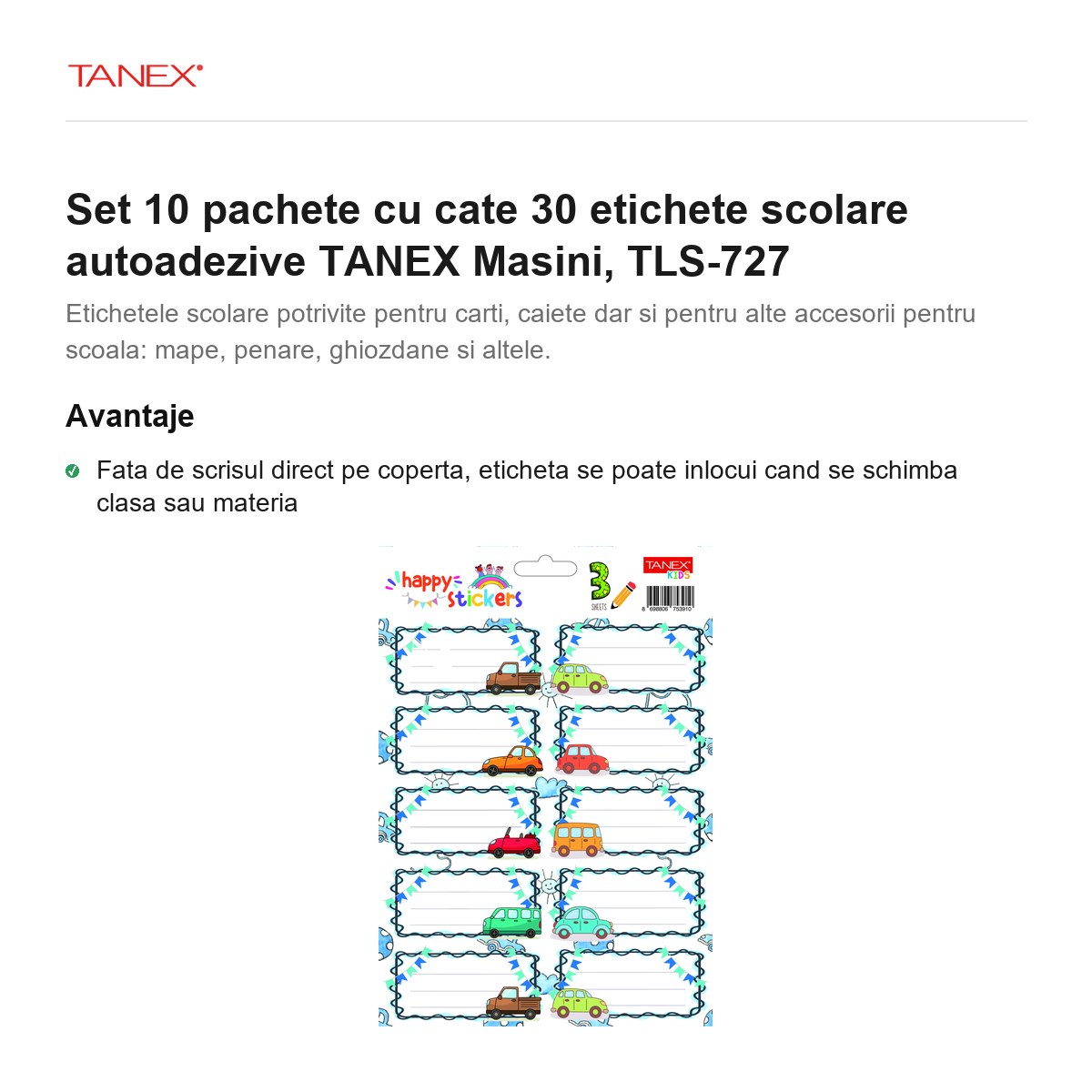 Set 10 pachete cu cate 30 etichete scolare autoadezive TANEX Masini, TLS-727 [2]