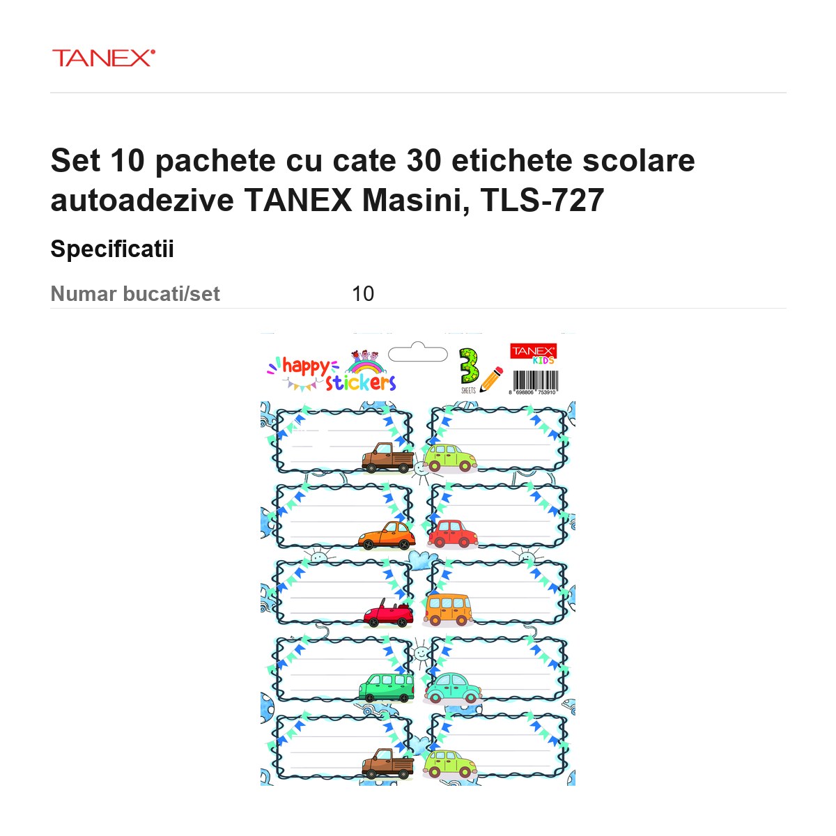 Set 10 pachete cu cate 30 etichete scolare autoadezive TANEX Masini, TLS-727 [3]