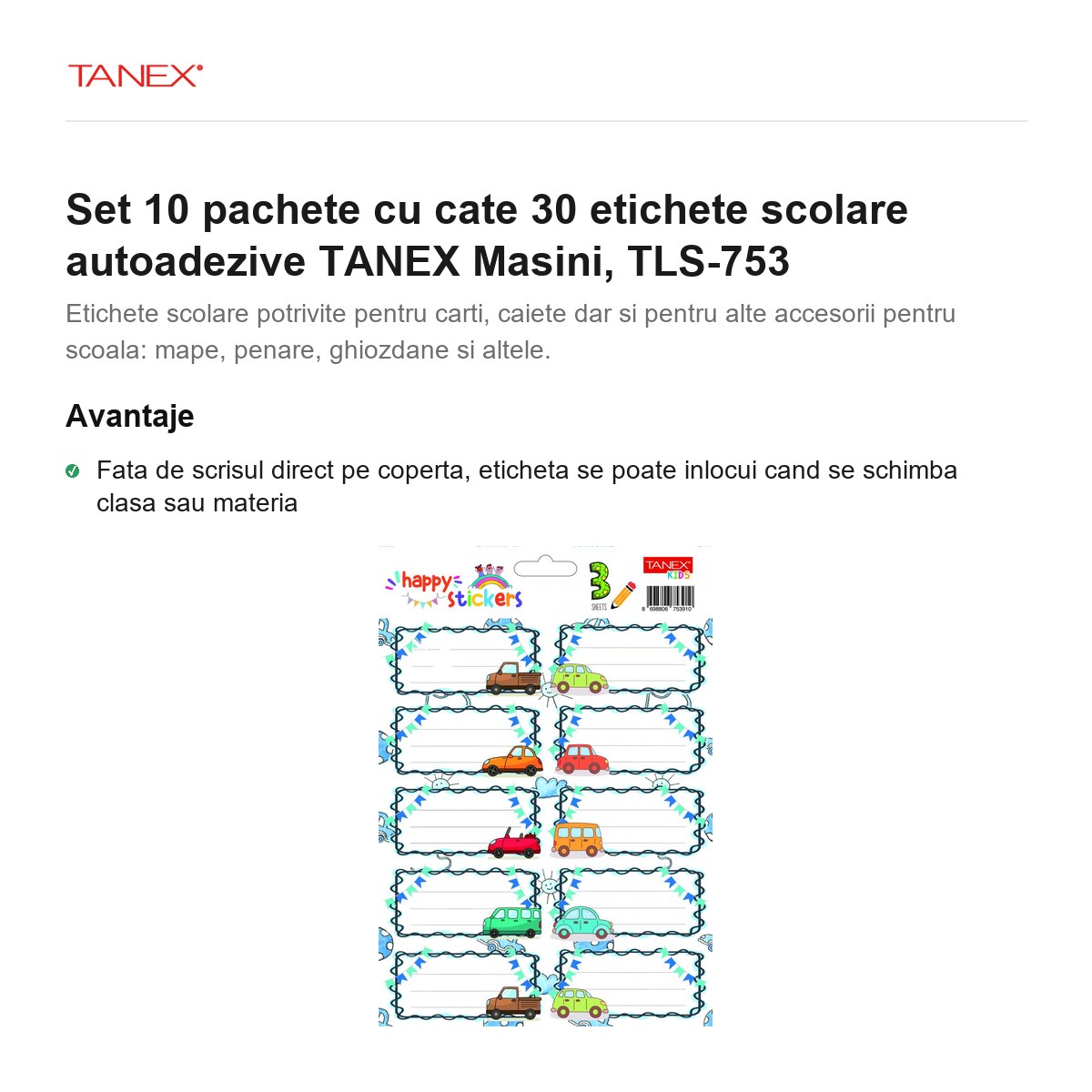 Set 10 pachete cu cate 30 etichete scolare autoadezive TANEX Masini, TLS-753 [2]