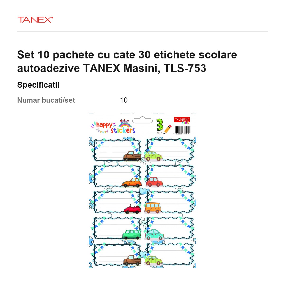 Set 10 pachete cu cate 30 etichete scolare autoadezive TANEX Masini, TLS-753 [3]