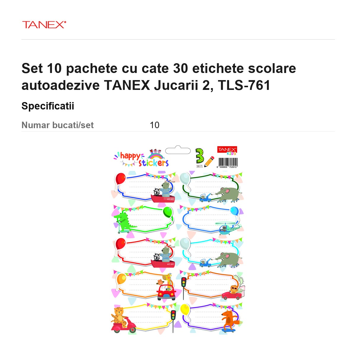 Set 10 pachete cu cate 30 etichete scolare autoadezive TANEX Jucarii 2, TLS-761 [3]