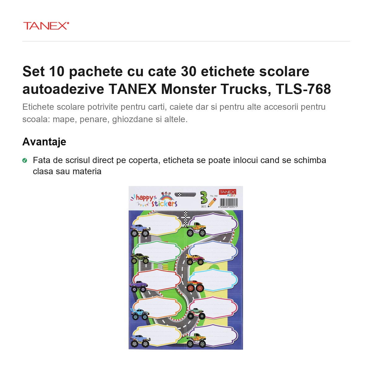 Set 10 pachete cu cate 30 etichete scolare autoadezive TANEX Monster Trucks, TLS-768 [2]