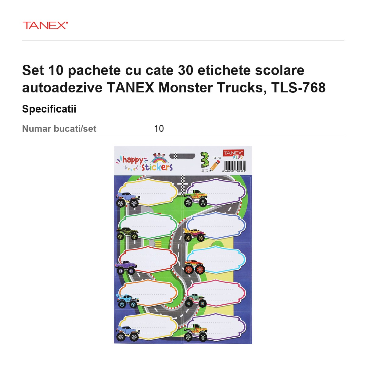 Set 10 pachete cu cate 30 etichete scolare autoadezive TANEX Monster Trucks, TLS-768 [3]