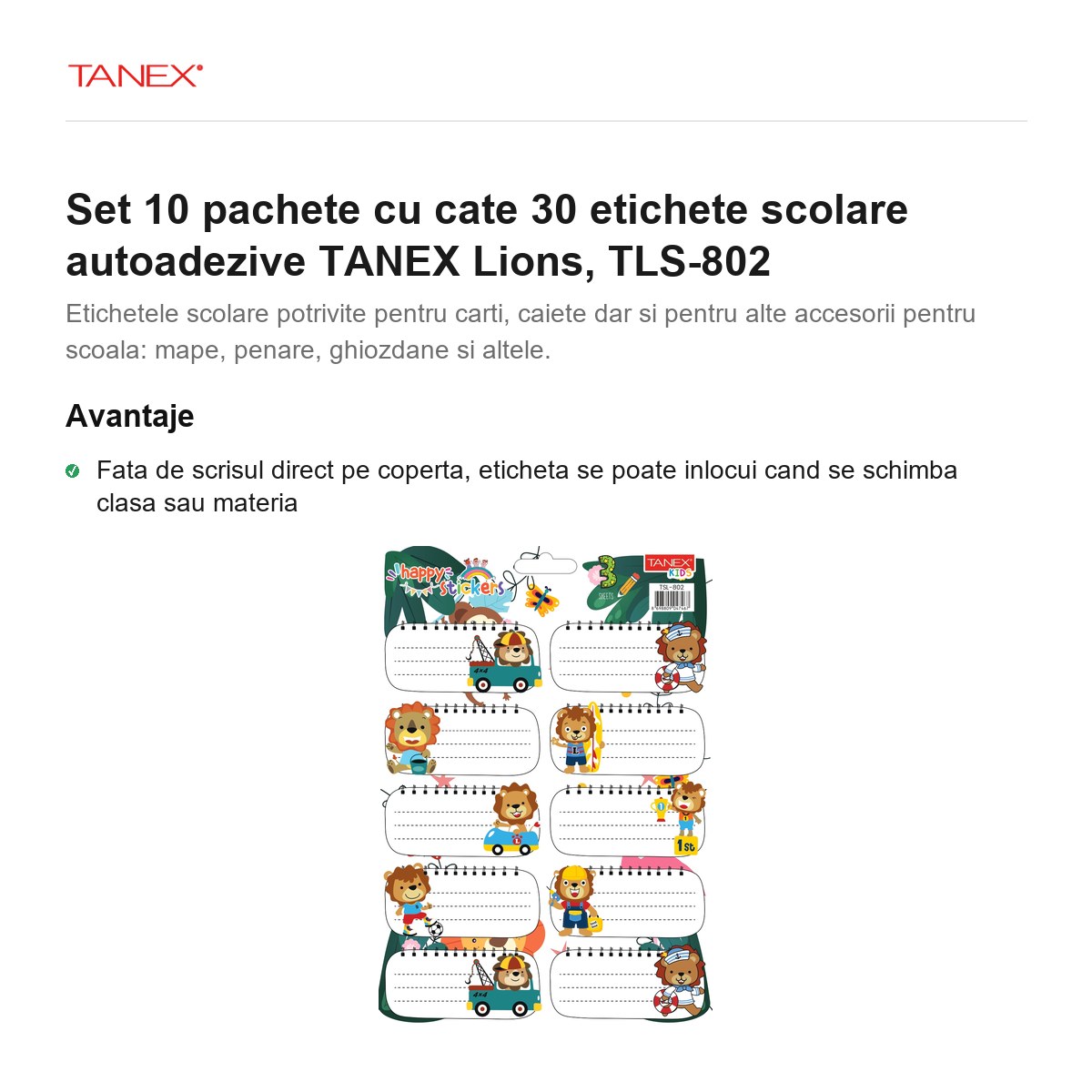 Set 10 pachete cu cate 30 etichete scolare autoadezive TANEX Lions, TLS-802 [2]