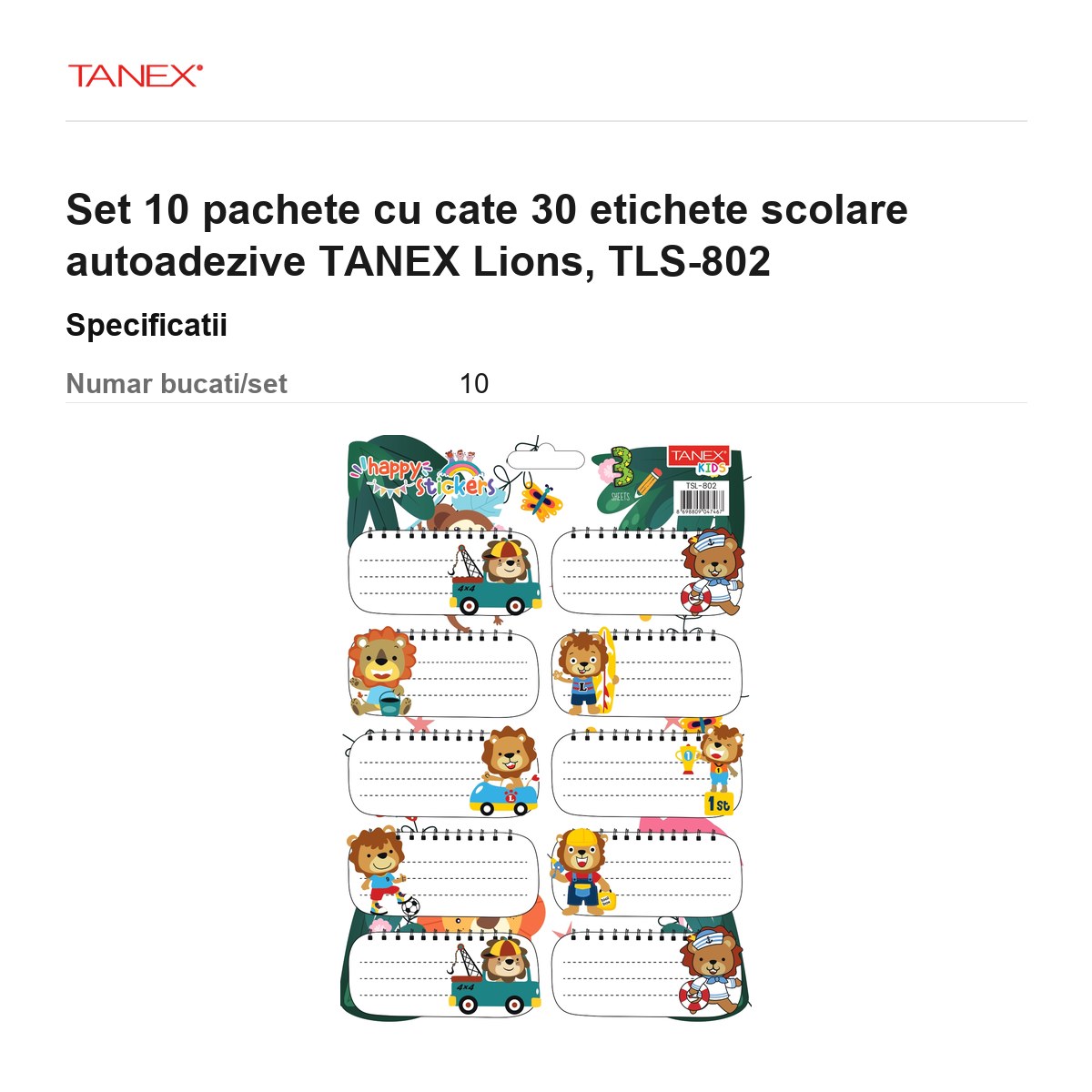 Set 10 pachete cu cate 30 etichete scolare autoadezive TANEX Lions, TLS-802 [3]