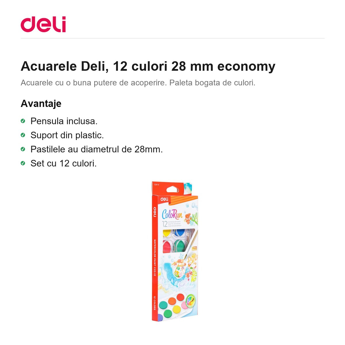 Acuarele Deli, 12 culori 28 mm economy [2]