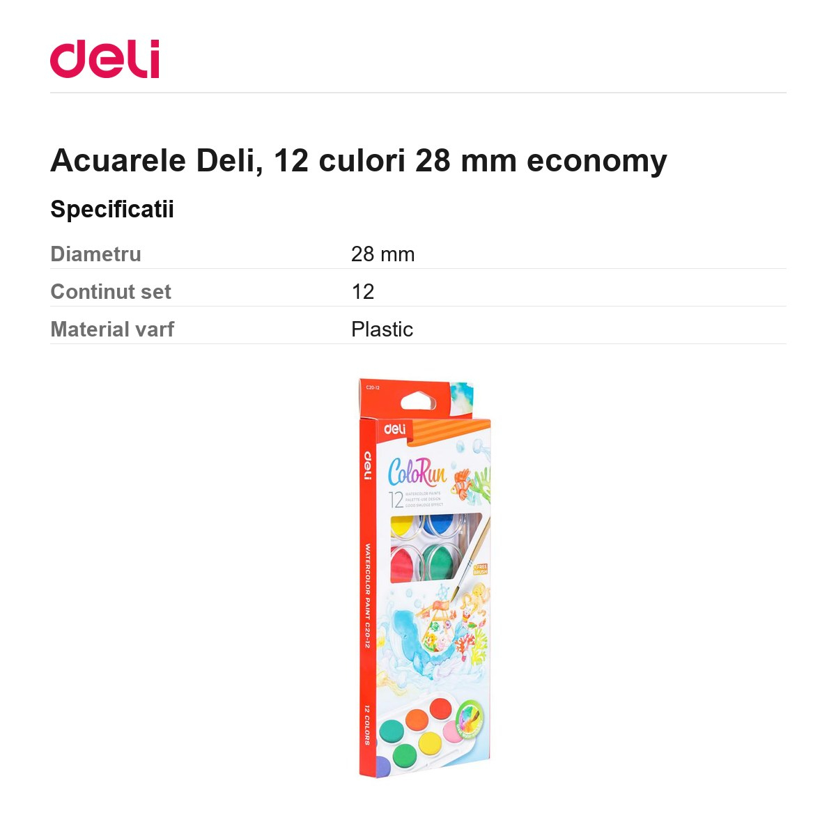 Acuarele Deli, 12 culori 28 mm economy [3]