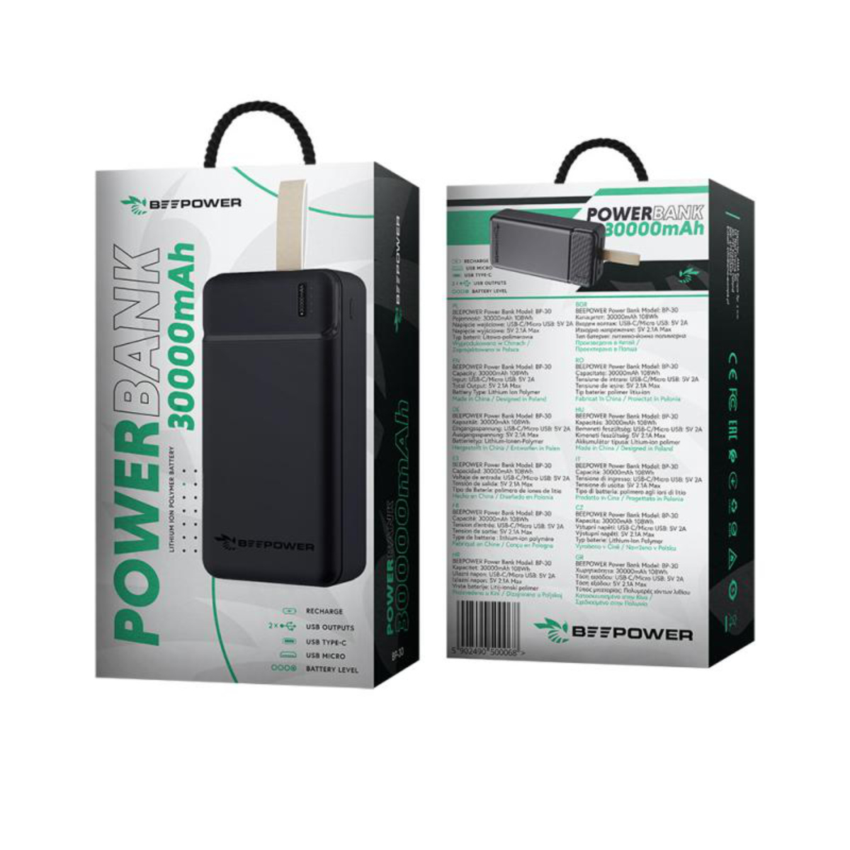 Acumulator portabil tip Power bank BeePower BP-30 50006, 30000mAh, 2.1A, 2xUSB, cablu microUSB, negru [3]