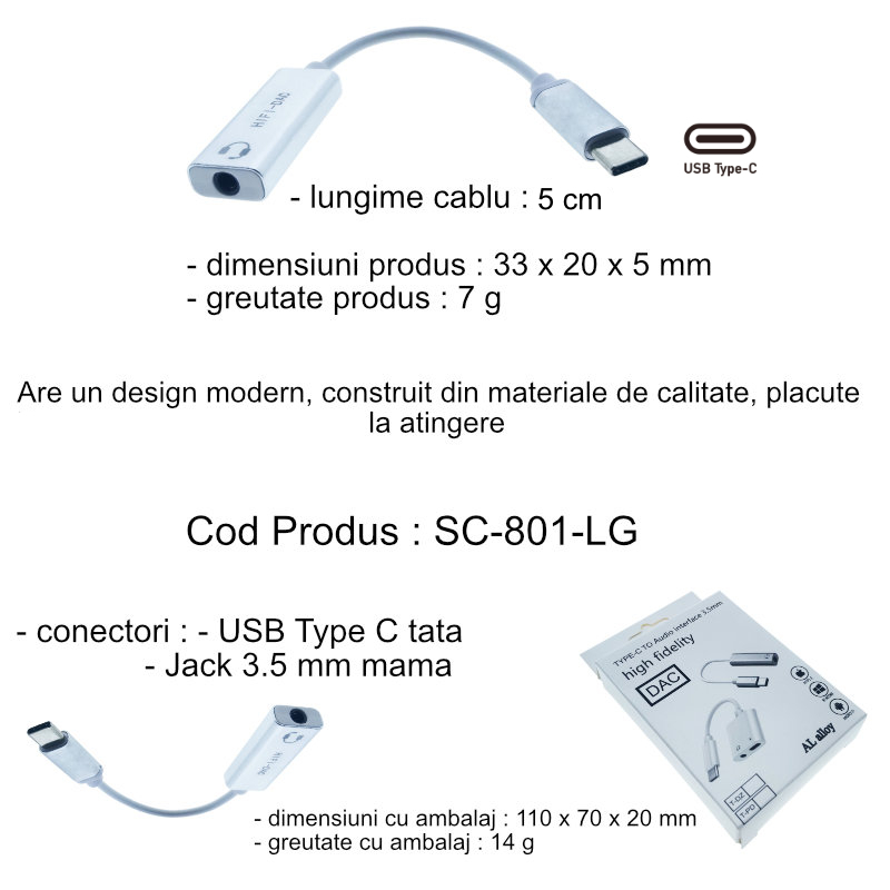 Adaptor audio, convertor USB Type C tata la Jack 3.5 mm mama, gri deschis [12]