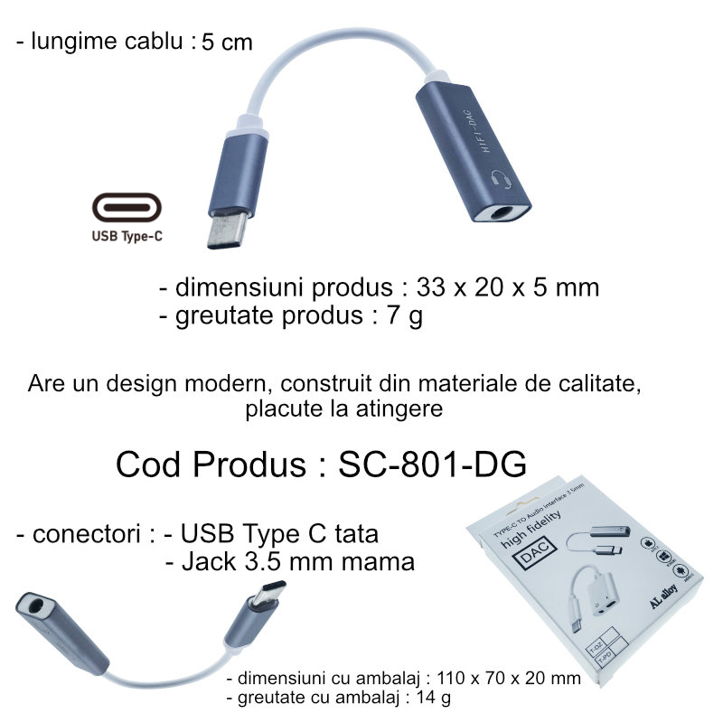 Adaptor audio, convertor USB Type C tata la Jack 3.5 mm mama, gri inchis [6]