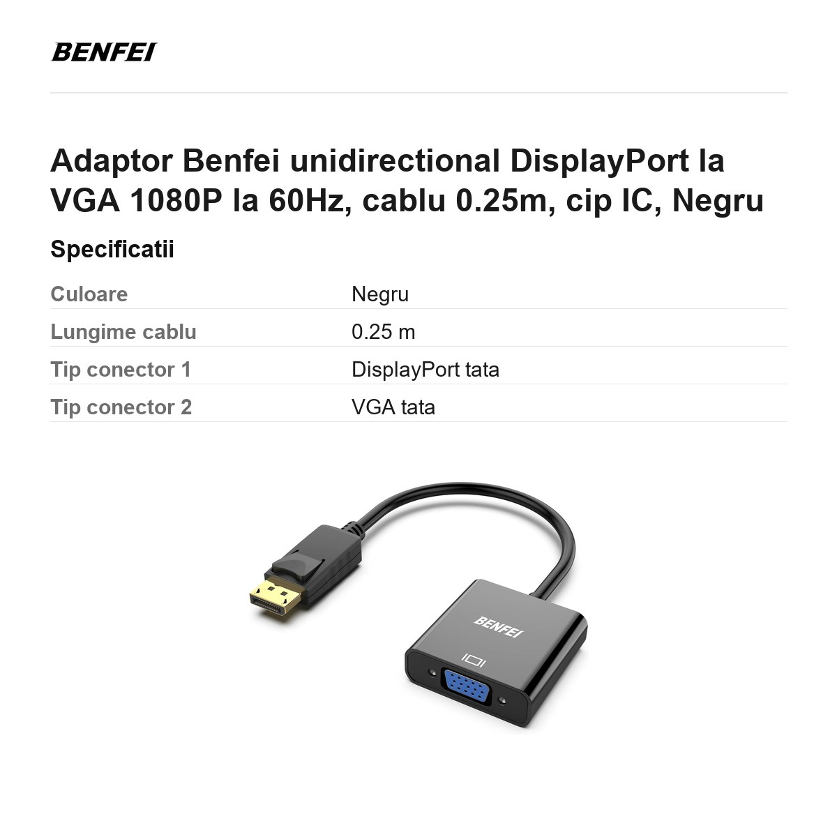 Adaptor Benfei unidirectional DisplayPort la VGA 1080P la 60Hz, cablu 0.25m, cip IC, Negru [3]