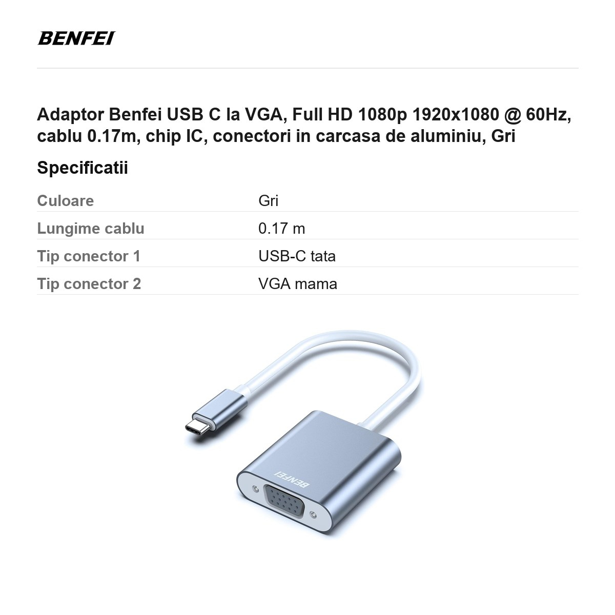 Adaptor Benfei USB C la VGA, Full HD 1080p 1920x1080 @ 60Hz, cablu 0.17m, chip IC, conectori in carcasa de aluminiu, Gri [3]
