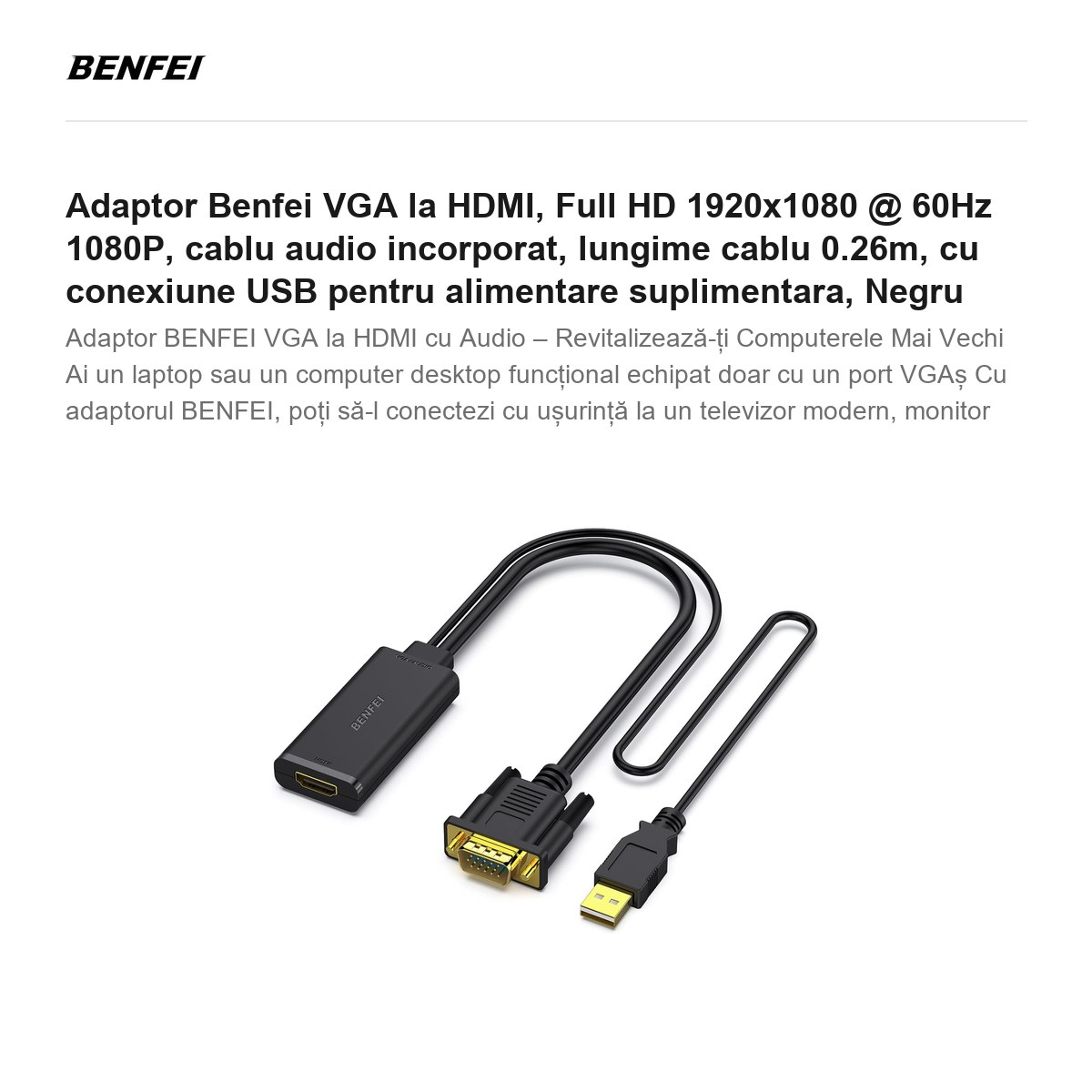 Adaptor Benfei VGA la HDMI, Full HD 1920x1080 @ 60Hz 1080P, cablu audio incorporat, lungime cablu 0.26m, cu conexiune USB pentru alimentare suplimentara,  Negru [2]