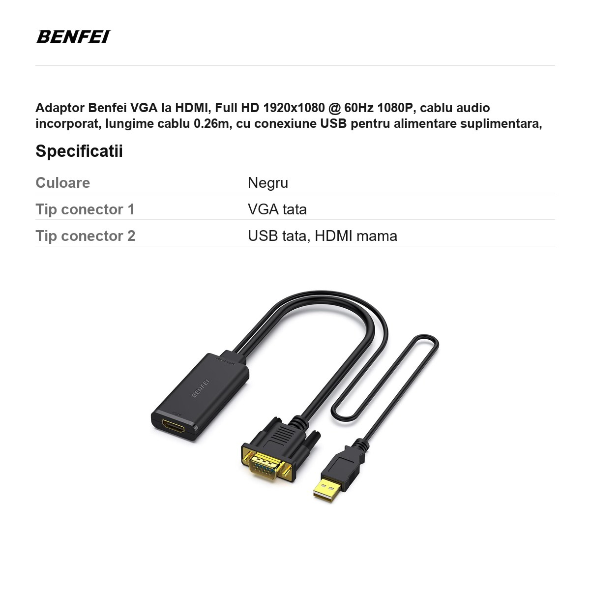 Adaptor Benfei VGA la HDMI, Full HD 1920x1080 @ 60Hz 1080P, cablu audio incorporat, lungime cablu 0.26m, cu conexiune USB pentru alimentare suplimentara,  Negru [3]