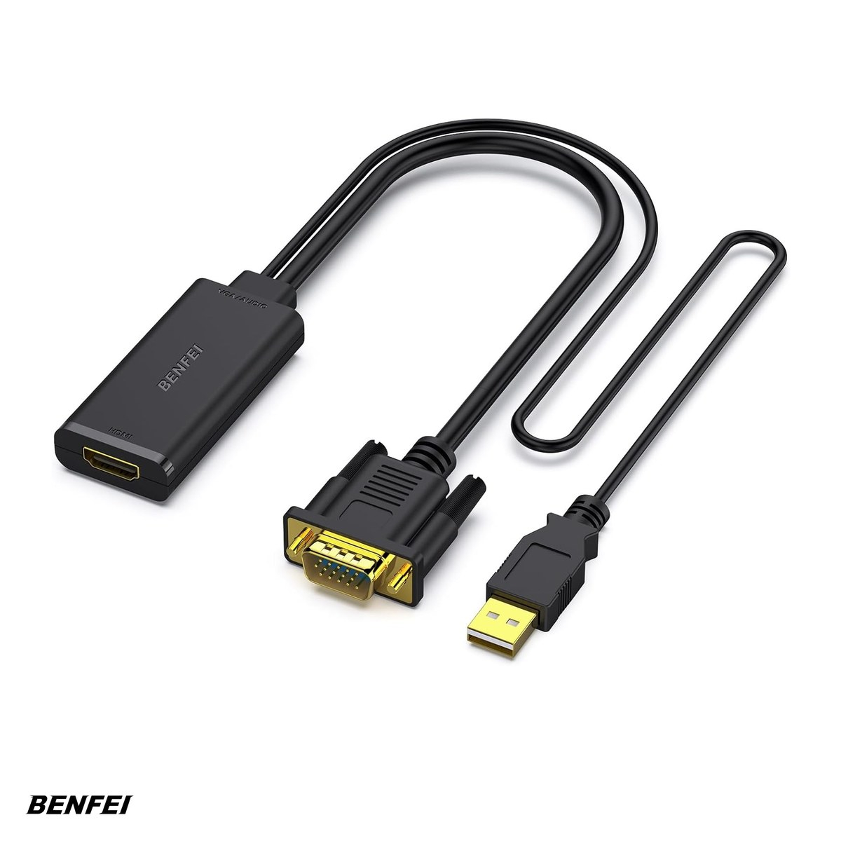 Adaptor Benfei VGA la HDMI, Full HD 1920x1080 @ 60Hz 1080P, cablu audio incorporat, lungime cablu 0.26m, cu conexiune USB pentru alimentare suplimentara,  Negru [1]