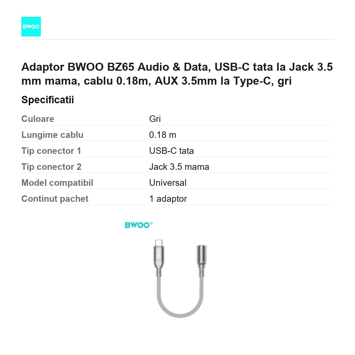Adaptor BWOO BZ65 Audio & Data, USB-C tata la Jack 3.5 mm mama, cablu 0.18m, AUX 3.5mm la Type-C, gri [3]