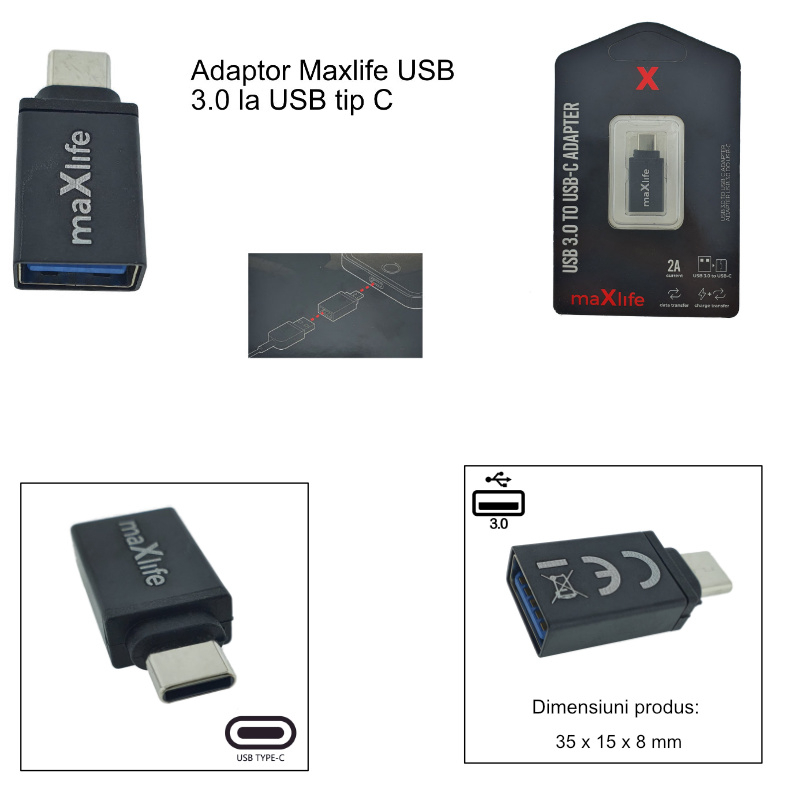 Adaptor Maxlife 94074, USB 3.0 mama la USB tip C tata, in blister, negru [6]