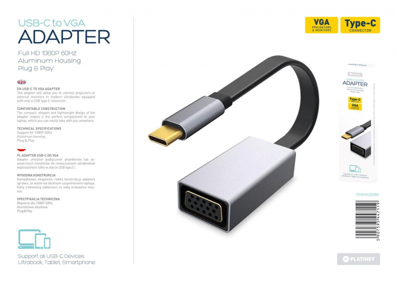 Adaptor multimedia Platinet 44711,USB tip C la VGA,1080p 60Hz [9]