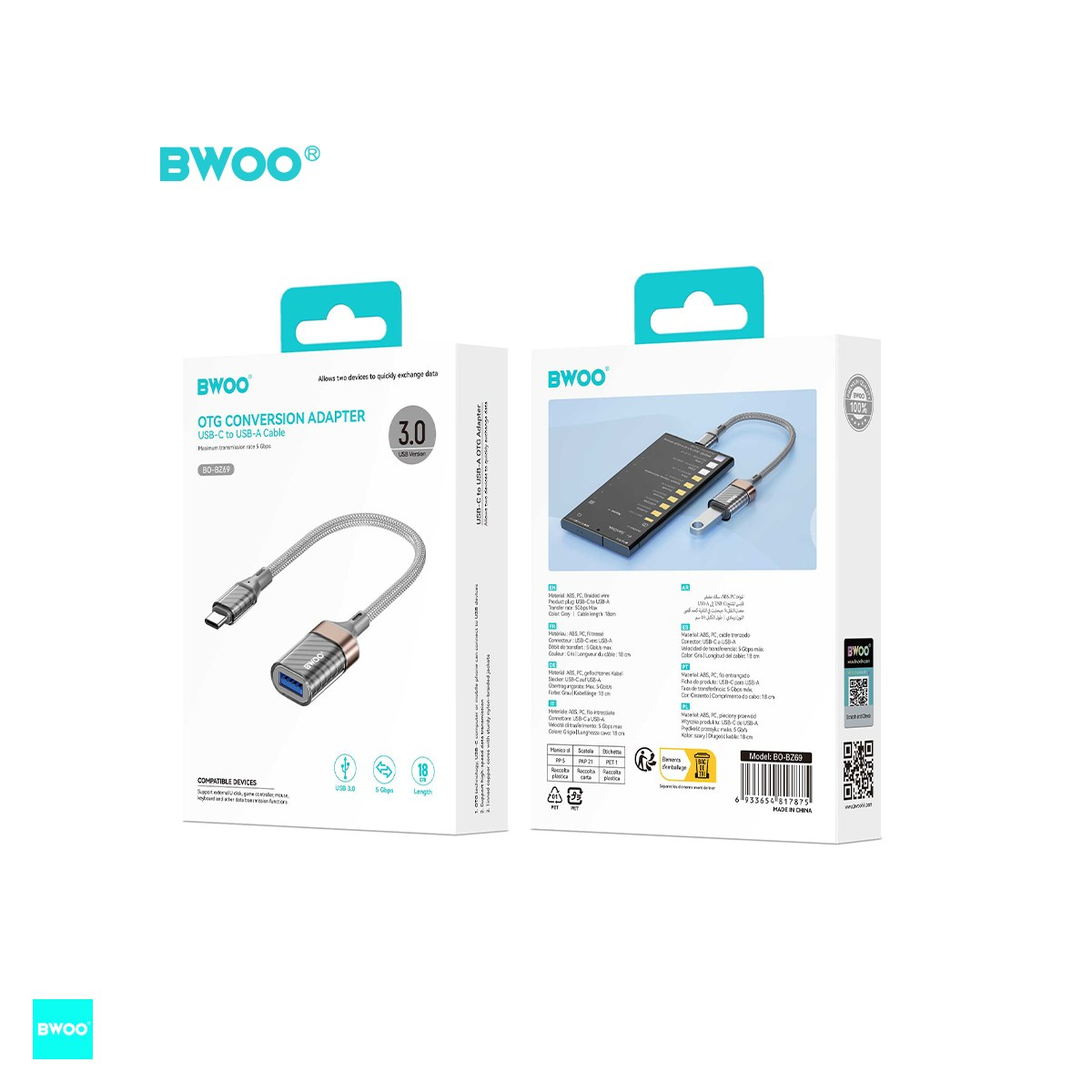 Adaptor OTG BWOO BZ69, USB-C tata la USB mama, cablu 0.18m cu invelis exterior nylon impletit, interfata USB 3.0, 5Gbps,  gri [5]