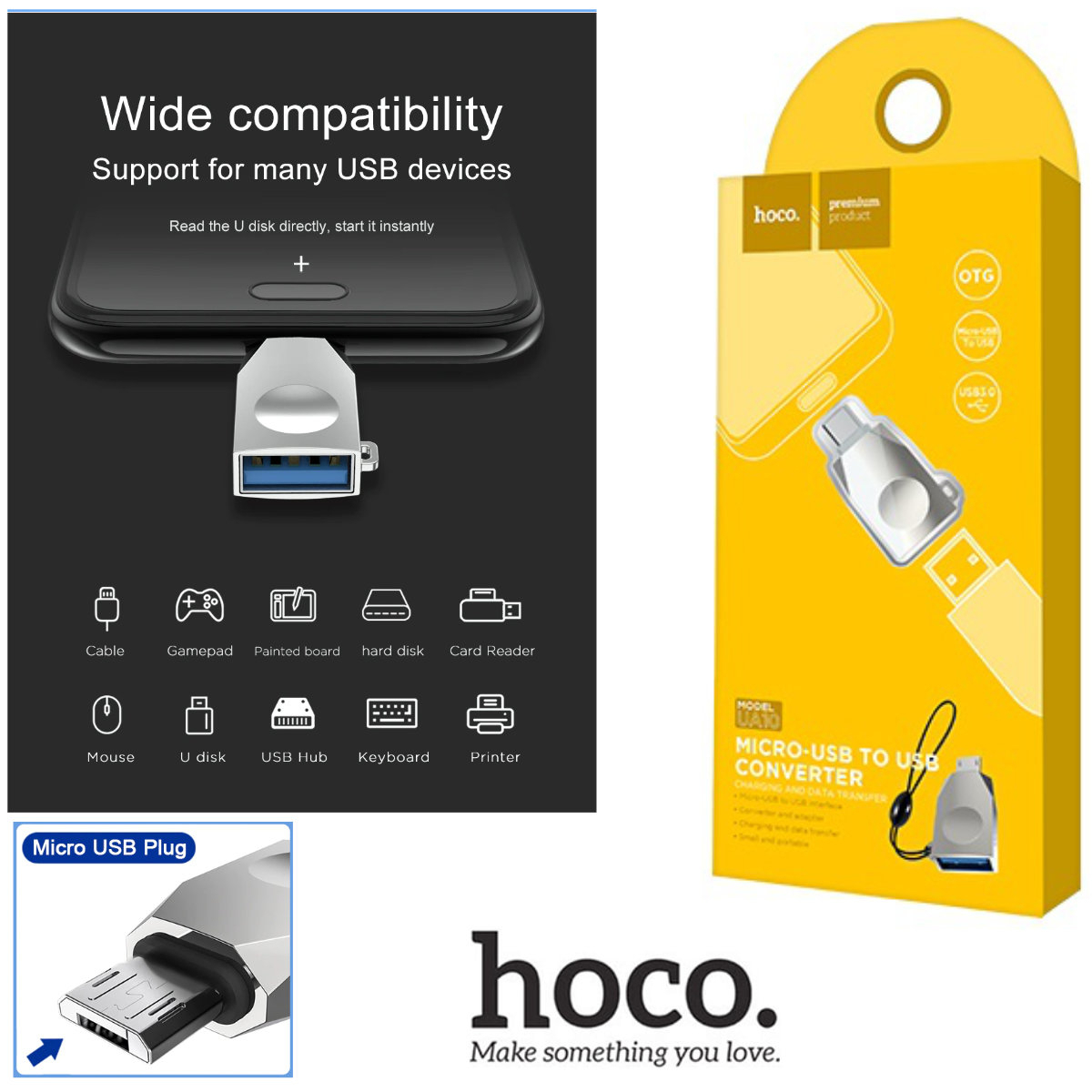 Adaptor OTG microUSB tata la USB 3.0 mama, HOCO UA10, carcasa aliaj de zinc, cu snur elastic, argintiu [4]