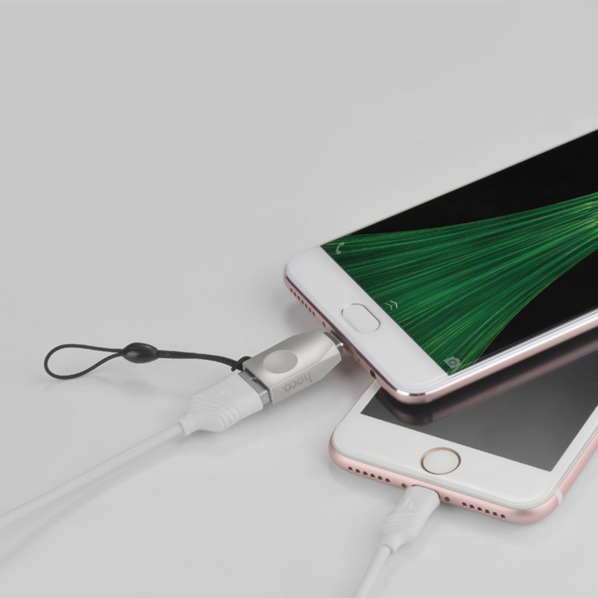 Adaptor OTG microUSB tata la USB 3.0 mama, HOCO UA10, carcasa aliaj de zinc, cu snur elastic, argintiu [15]
