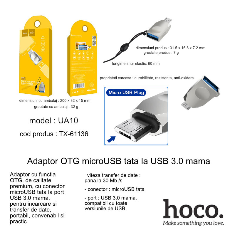 Adaptor OTG microUSB tata la USB 3.0 mama, HOCO UA10, carcasa aliaj de zinc, cu snur elastic, argintiu [6]
