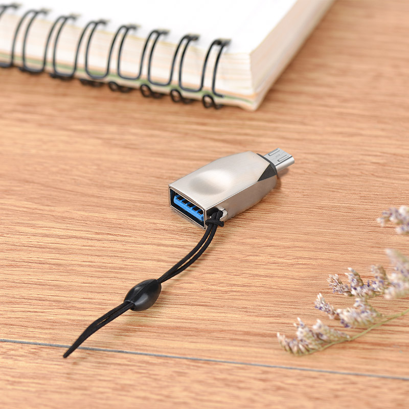 Adaptor OTG microUSB tata la USB 3.0 mama, HOCO UA10, carcasa aliaj de zinc, cu snur elastic, argintiu [19]