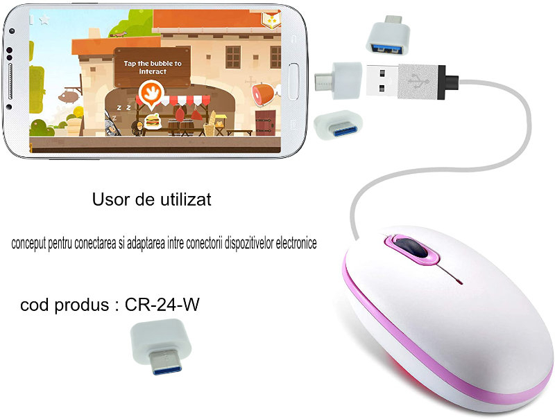 Adaptor OTG USB 2.0 mama la USB tip C tata, alimentare, conectare si transfer de date, alb [17]
