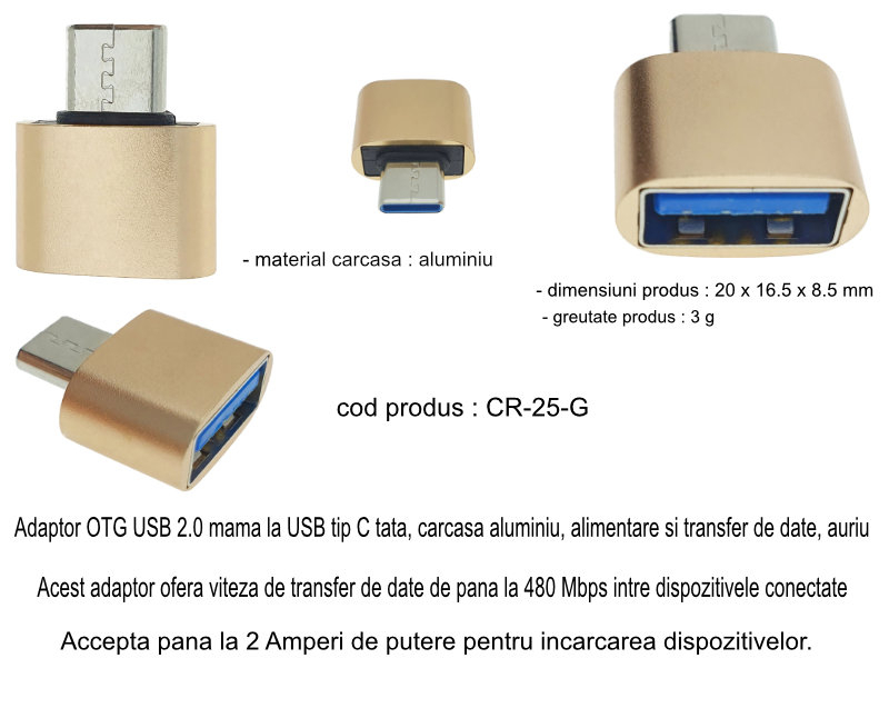 Adaptor OTG USB 2.0 mama la USB tip C tata, carcasa aluminiu, alimentare si transfer de date, auriu [6]