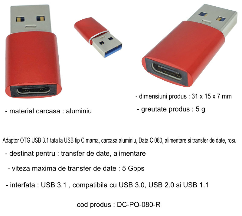 Adaptor OTG USB 3.1 tata la USB tip C mama, carcasa aluminiu, Data C 080, alimentare si transfer de date, rosu [8]