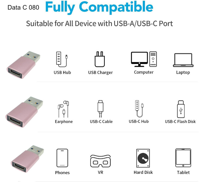 Adaptor OTG USB 3.1 tata la USB tip C mama, carcasa aluminiu, Data C 080, alimentare si transfer de date, roz [10]