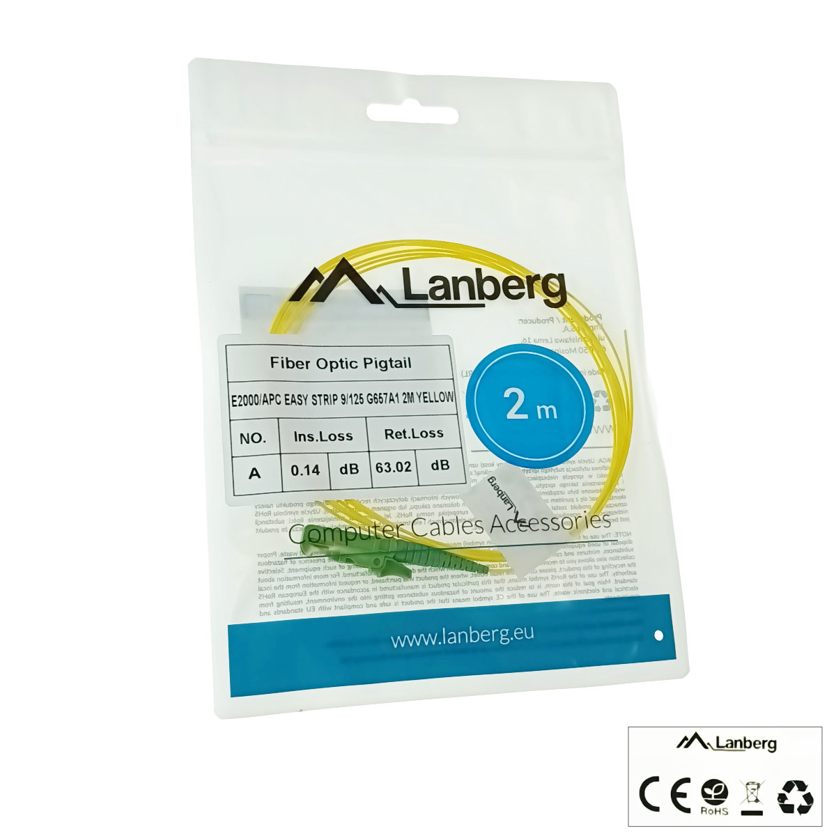Adaptor retea fibra optica coada/Pigtail cu conector E2000/APC, lungime 2m, Lanberg 43354, Easy Strip SM OS2 G657A1, galben [5]